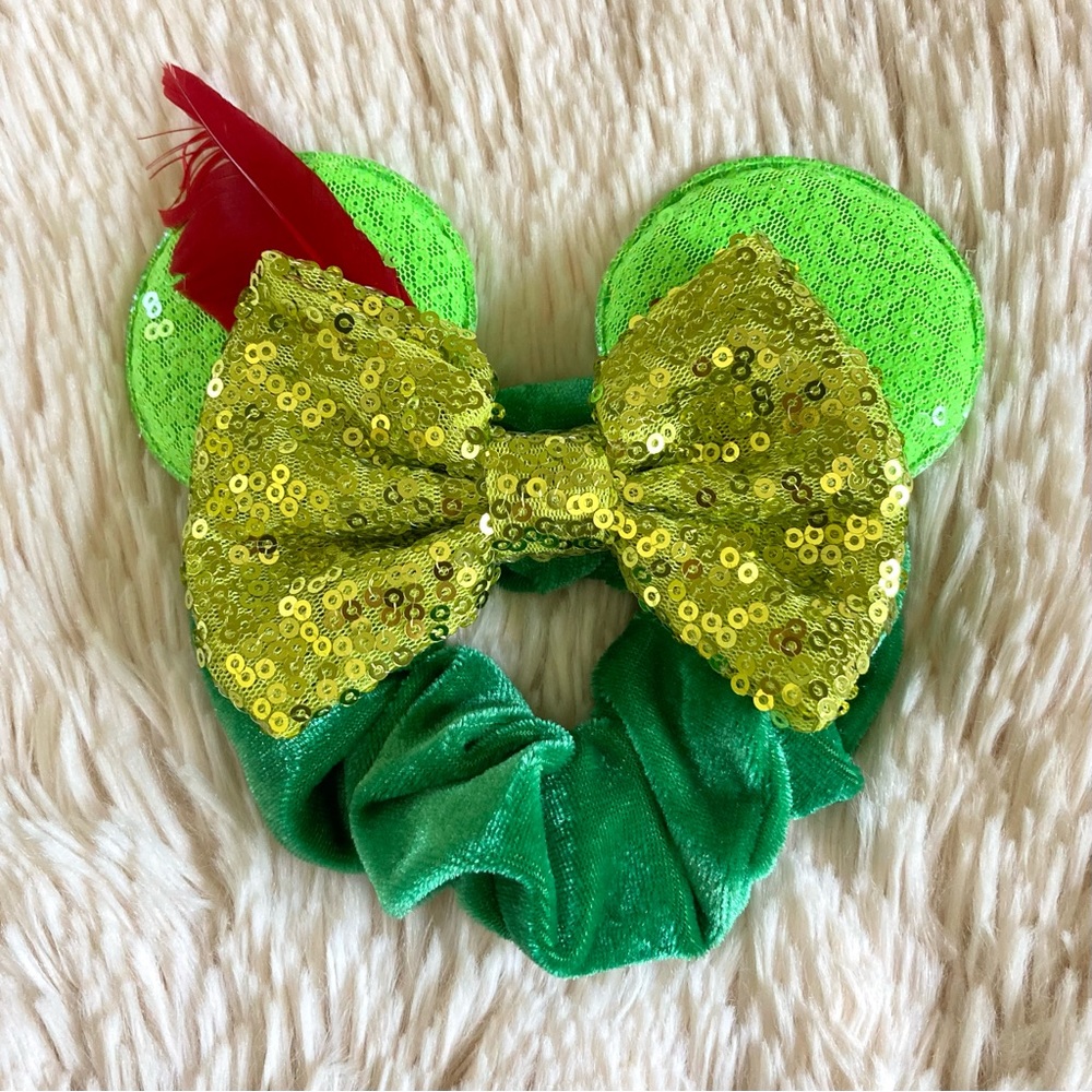 Peter Pan Green Sequin Minnie Mouse Ears Hair Scrunchie